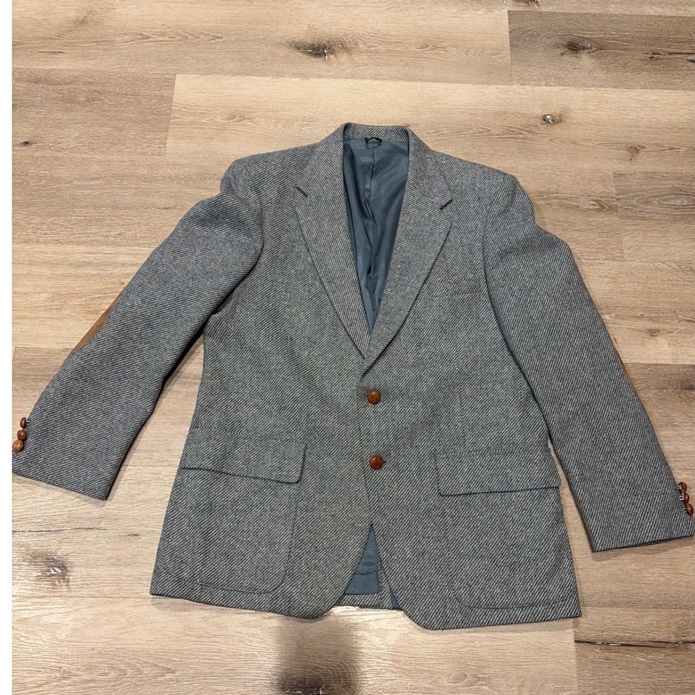 Farah Mens 42R Grey Herringbone 100% Pure Wool Blazer Sport Coat Elbow Patches